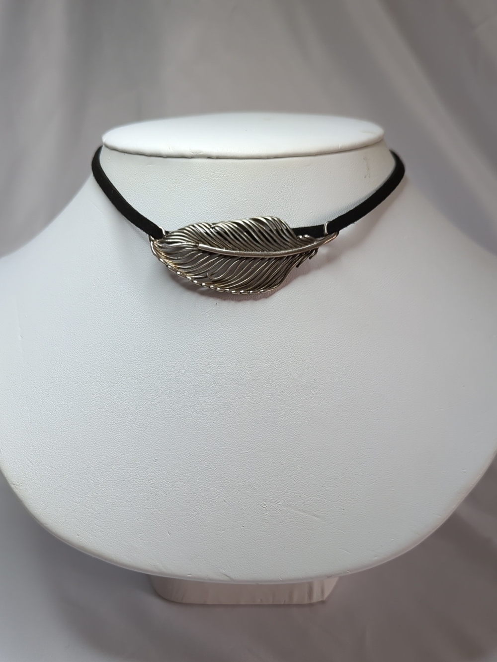 Silver Feather Choker Necklace - Black Cord